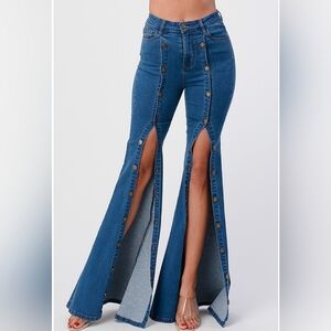 Contemporary Women's Blue Flare Jeans With Brass Fundtional Buttons